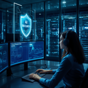Illustration d'un bouclier numérique bleu représentant l'impact de l'IA et de la cybersécurité contre les cyberattaques.