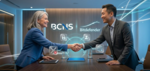 Photographie professionnelle en gros plan montrant une poignée de main entre une femme âgée et un homme asiatique portant le logo BCNS, signifiant la protection et la sécurité. En arrière-plan flou, des logos de BCNS et Bitdefender sont visibles avec des icônes holographiques de sécurité et de réseau, illustrant le partenariat technologique.