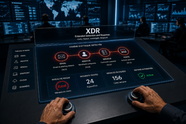 Tableau de bord XDR en cybersécurité affichant une chaîne d'attaque corrélée